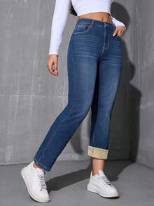 Winter Warm Thermal Lined Straight Leg Jeans - Medium Wash - View 8