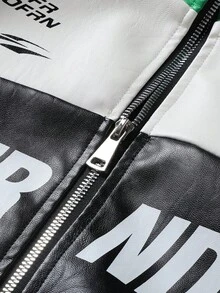 New Motorcycle Leather Jacket Men, Color Block Racing Coat Jackets, Loose Fit Brand,Fleece,Winter - Black - View 11