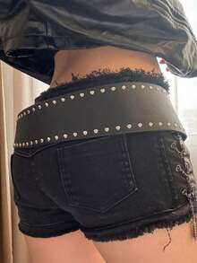 1 Stück Y2K Stil Punk Nieten Dekor Taillengürtel, asymmetrischer Taillengürtel, modisches Accessoire für Herbst, Herbst, Halloween - Schwarze silberne Schnalle - Übersicht 5