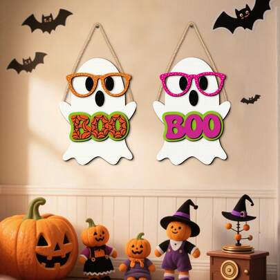 1/2pcs Halloween Wall Hanging Wooden Decoration, Cute Ghost Design With Glasses, "BOO" Suitable For Front Door, Home Decoration, Outdoor, Halloween Decoration Wooden Welcome Hanging Sign, Simple And Stylish, Halloween Home Scene Decoration, Holiday Party Atmosphere Props, Home Decoration, Party Decoration, Restaurant Decoration, Kitchen Decoration, Farm Decoration, Welcome Gift For Family And Friends