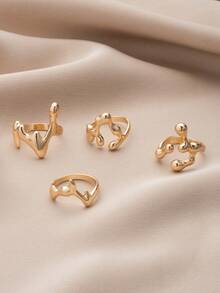 4 piezas Set de anillos apilables con diseño geométrico de gota de agua para mujer, para uso diario, citas, fiestas, festivales, accesorios, regalos - Amarillo Oro - Ver 2