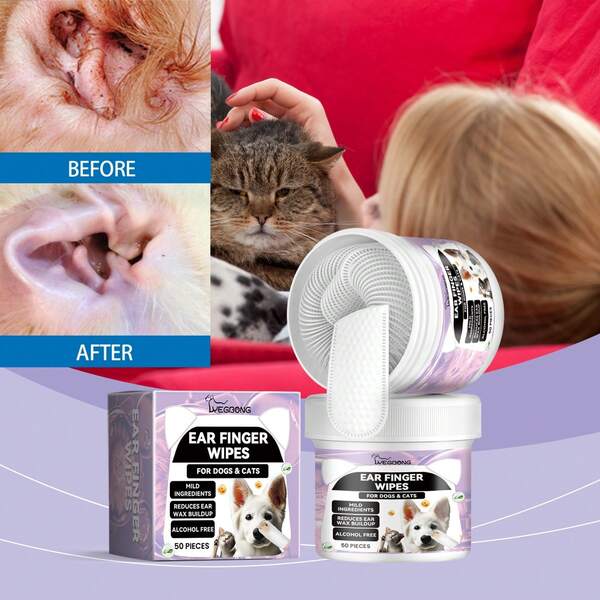 50 pièces Manchons de doigt pour le nettoyage des oreilles des animaux de compagnie, convient aux chats, chiens et autres animaux de compagnie, pratique à transporter et à nettoyer, maintient l'hygiène des oreilles des animaux de compagnie. Lingettes humides pour le soin des oreilles, des taches de larmes et des dents des chats et des chiens (livraison aléatoire des nouvelles et anciennes versions)