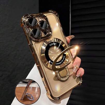 奢华电镀透明金色手机壳，带指环支架和磁吸功能，硅胶防震软壳，防摔防震，兼容 16/16e/16 Pro/16 Pro Max/16 Plus/15/14/13/12/11/X/XS/XR/8/7和Galaxy S25/S24/S23/S22/S21/A55/A54/A53/A52/A35/A34/A23/A16/A15/A14/A13/A12/A05S/FE/Ultra/4G/5G，以及Redmi/Honor/MOTO/OPPO/Infinix手机，国际版，非国内版。