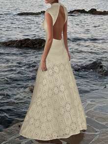 波西米亚风钩编浪漫沙滩长裙，针织提花露背A字裙，适合夏季海滩度假，优雅迷人，也适合婚礼季。#派对造型 #海滨风情 #约会装扮 #音乐节 #婚礼季 #度假 - 杏色 - 查看 2