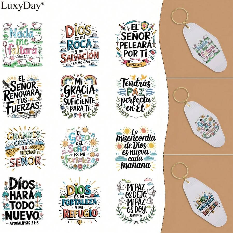 UV DTF Wrap Stickers - 48pcs Spanish Bible Verses UV DTF Stickers For Motel Keychain, UV DTF Decals For Acrylic Keychain, DIY Crafts, Glass & Smooth Surfaces, Keychain Accessories, LuxyDay Brand - Multicolor - View 1