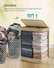 SONGMICS Panier à Linge en Bambou, Corbeille à Linge, 90 Litres, Sac Amovible et Lavable en Machine, Couvercle, Poignées, Buanderie, Chambre, Salon, Couleur Naturelle - Beige - Voir 3