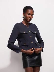 女士优雅休闲粗花呢夹克春秋时尚圆领装饰长袖纯色外套 - 藏蓝色 - 查看 3