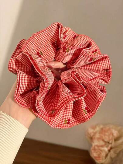 1pc Versatile Casual Outfit, Sweet Red Plaid, Cherry Decor, Frilly Skirt, Scrunchies For Ponytail, Bun Hair Accessories, Hair Ties, Scrunchy Hair Ties, Washing Face Makeup Home Gym Woman Accessories Head Accessories Elastic Band