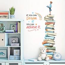 Hình dán tường hình cậu bé đứng trên chồng sách, họa tiết ngôi sao theo tục ngữ Anh, chất liệu PVC chống thấm nước, tự dính, thích hợp trang trí phòng ngủ, phòng học, phòng trẻ em, phòng trẻ sơ sinh. - Nhiều màu - Xem 3