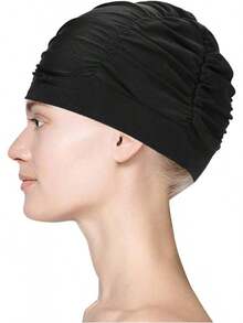 Fabric Swimming Cap For Women Pleated Swim Hat Breathable Bathing Shower Cap Solid Color Chemo Turban Hat - màu đen - Xem 5