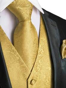 Mens Waistcoat Gold Paisley Vest Tie Handkerchief Cufflinks Set Tuxedo Gilet Wedding Formal Casual - 金色 - 查看 5