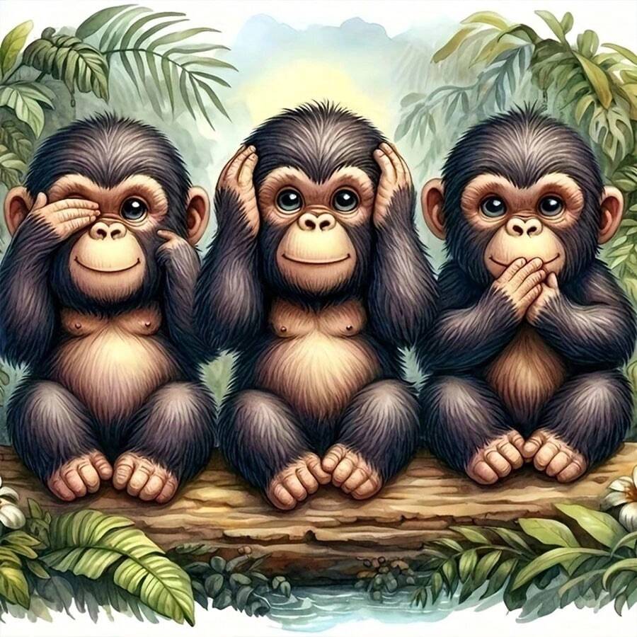 5D 大尺寸 DIY 钻石画套装 - 三只聪明的猴子 - 大猩猩，圆形合成钻石亚克力无框十字绣马赛克工艺品，成人减压家居装饰艺术，节日礼物