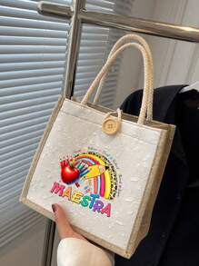 1Pc Teacher Pattern Printed Tote Bag With "Maestra" Letter Print, Reusable Printed Women'S Tote Bag, Large Capacity Handbag, Casual Tote Bag, Suitable For Commuting, School And Shopping, Convenient For Outdoor Use, Suitable For Mom - Multicolor - View 5