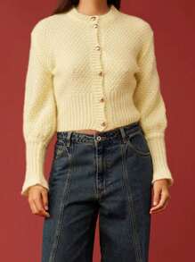 Women's Crew Neck Solid Color Button-Up Cardigan Sweater, Long Sleeve Fall Winter Knit Open Front Cozy Tops