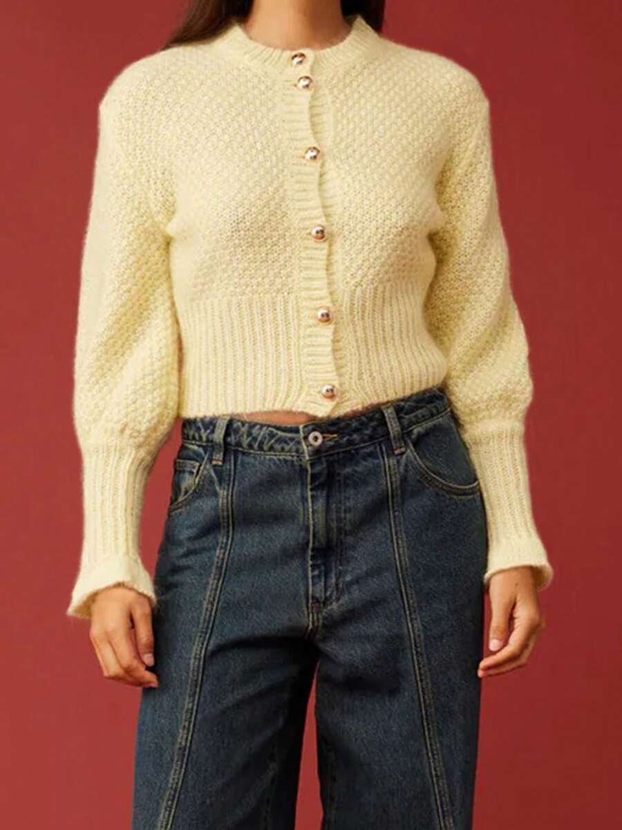 Women's Crew Neck Solid Color Button-Up Cardigan Sweater, Long Sleeve Fall Winter Knit Open Front Cozy Tops