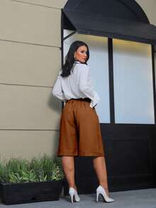 Women's Tailored Bermuda Shorts, Flare Style, Loose-Fitting, Formal Wear, Casual Workwear, Top Finish - Rỉ Nâu - Xem 3