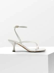 Women's Minimalist Low Kitten Heel Ankle Strap Thong Sandals, Sexy Square Toe Sandals With Fashionable Heel - 白色 - 查看 5