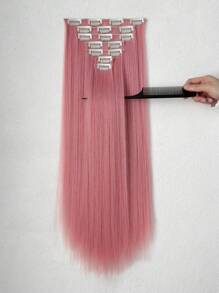 7片/套 24英寸直发夹式接发片，合成全头假发片，女士适用，粉色 - 粉色 - 查看 5