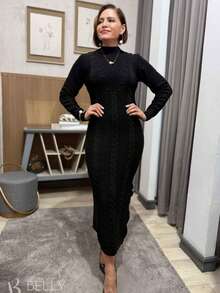 Vestido  Simples    Tricô de malha    Malhado  Ponto em cabo  Dividido    casual  Formal e Noturno  Noite  Festa de aniversário  Casamento    Outono/Inverno