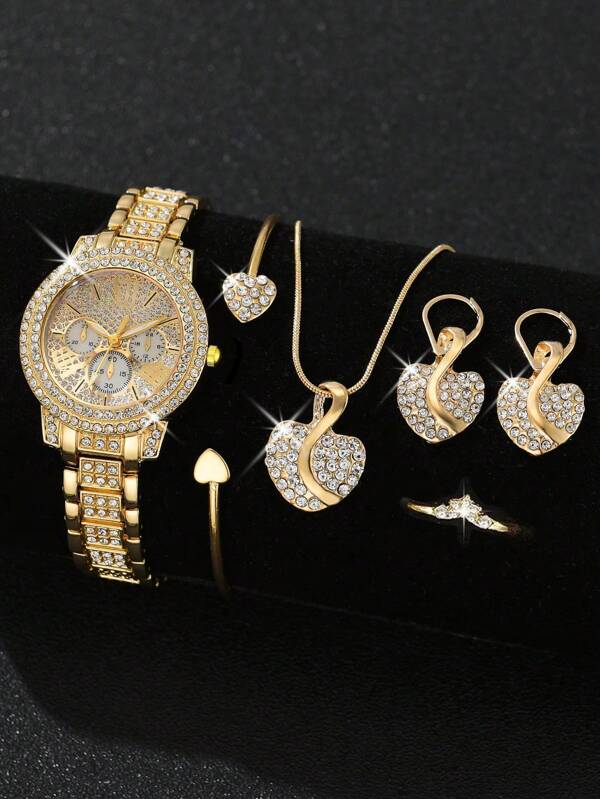Relógio de quartzo feminino com pulseira de aço e diamantes, 6 peças, estilo lindo, com três olhos, romano e conjunto de joias de liga de ouro, diamante com ponta de coração para festa à noite
