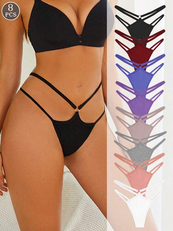 Set de 8 bragas con tanga de mujer en unicolor, doble banda de cintura delgada, sexy, cómodas y transpirables
