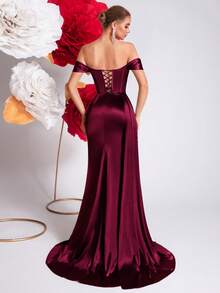 ADYCE Đầm dạ hội khoét vai, đầm maxi dài xòe rộng, eo cao, hở lưng, cổ yếm, đính đá lấp lánh, thắt lưng buộc eo, thích hợp cho các buổi tiệc, dạ hội và các dịp lễ kỷ niệm. - Màu Đỏ Sâu - Xem 2