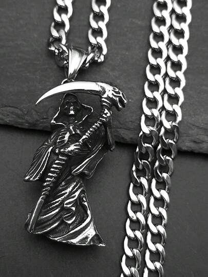 Naszyjnik Święty Święty Śmierć Santa Muerte Grim Reaper dla mężczyzn ze stali nierdzewnej w kolorze srebrnym, męski naszyjnik biżuteria prezent