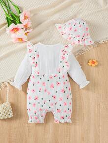 Cute Ditsy Floral Cap Sleeve Long Sleeve Embellished Flower Decor Casual Infant Girl Outfit