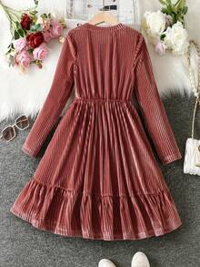 Elegant Chestnut Long Sleeve Girls Dress, Ribbed Texture With Ruffle Hem, Suitable For Casual To Semi-Formal Occasions, Graceful Girls Outfit - 紫紅色 - 查看 2