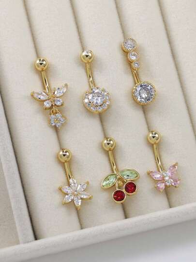 6 件时尚方晶锆石装饰蝴蝶形肚脐环，心形吊坠肚脐穿孔首饰适合男士、日常佩戴和节日礼物，不锈钢弯杆肚脐环镶嵌闪亮水钻