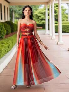 Women Tie Dye Tube Maxi Dress Strapless Twist Front Hollow Out Long Pleatde Dress Elegant Mesh Gradirnt Dresses - Fiery Red - Xem 5
