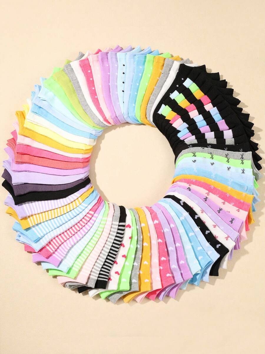 Random 20 Pairs Children's Bowknot Heart Polka Dot Striped Solid Color Short Socks Boat Socks Back To School Gift - Multicolor - View 1