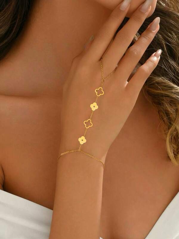 1 Stück Blumen Kleeblatt Anhänger Finger Armband, modisches Vier-Blatt-Kleeblatt Anhänger Handarmband, rostfreier Edelstahl wasserdichter Schmuck als Geschenk für Frauen zum Dating oder für den täglichen Partytragen