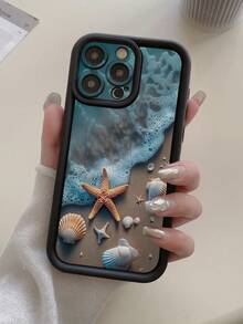 1pc Starfish & Shell Pattern Protective Phone Case With Precise Hole Design, Anti-Fall Thick Black Phone Case Compatible With IPhone 11 Pro Max, 12 Pro Max, 13 Pro Max, 14 Pro Max, 15 Pro Max, 16 Plus, 16 Pro Max, 16E, Galaxy A55, Galaxy A15, Galaxy S24 Ultra, Redmi, OPPO, Realme, VIVO, Infinix, Honor, MOTO, One Plus - Black - View 8