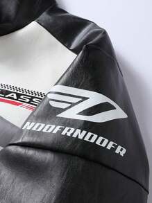 New Motorcycle Leather Jacket Men, Color Block Racing Coat Jackets, Loose Fit Brand,Fleece,Winter - Black - View 6