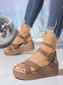 Giày sandal đế xuồng kiểu đan chéo thời trang, đế dày, gót đế xuồng, nhẹ, gót cao gợi cảm, cỡ lớn, thoải mái, thích hợp cho kỳ nghỉ, đi biển, hở mũi, gót siêu cao, sandal đế dày, giày cho mẹ, sandal thường ngày cho mùa hè - Màu Khaki - Xem 4