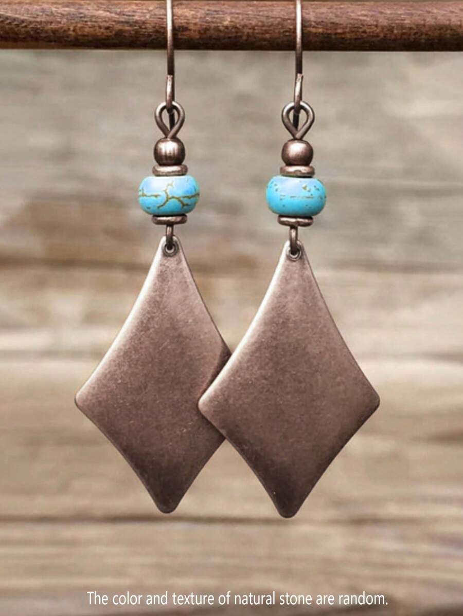 2 件波西米亚复古几何仿绿松石串珠吊坠耳环，女士多色金属耳环，搭配日常服装和派对配饰