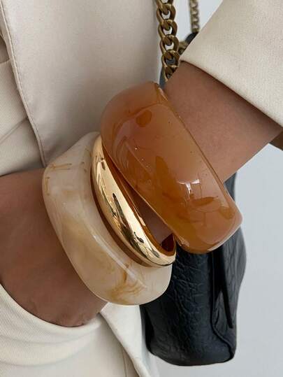 1件/3件/套 波西米亚复古不对称宽树脂手镯，奢华日常及派对珠宝礼品（树脂手镯存在轻微瑕疵和色差属于正常现象）