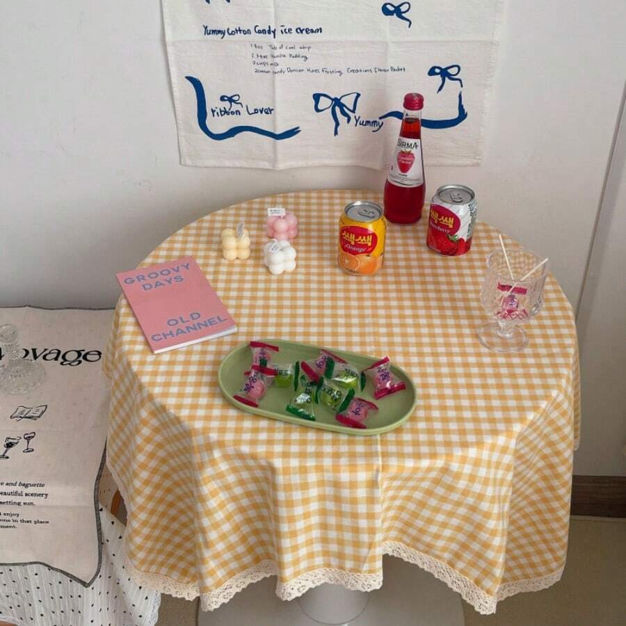 1 件复古花卉蕾丝边多色格子装饰防尘桌布，适合日常装饰和节日 - 橘黃色 - 查看 1