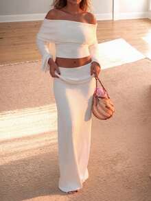 Women's White Textured Off - Shoulder Long Sleeve Cropped Top & High - Waist Flowy Maxi Skirt Set, Classy Elegant Outfit For Daily/Date/Vacation/Wedding Guest/Casual Looks, Fashion Matching Sets For Women - 白色 - 查看 8