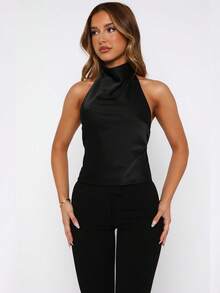 Women's Halter Neck Satin Tank Tops Mock Neck Sleeveless Backless Shirts Solid Color Slim Fit Crop Tops Summer High Neck Vest Camisoles Holiday Beachwear Party Clubwear - 黑色 - 查看 4
