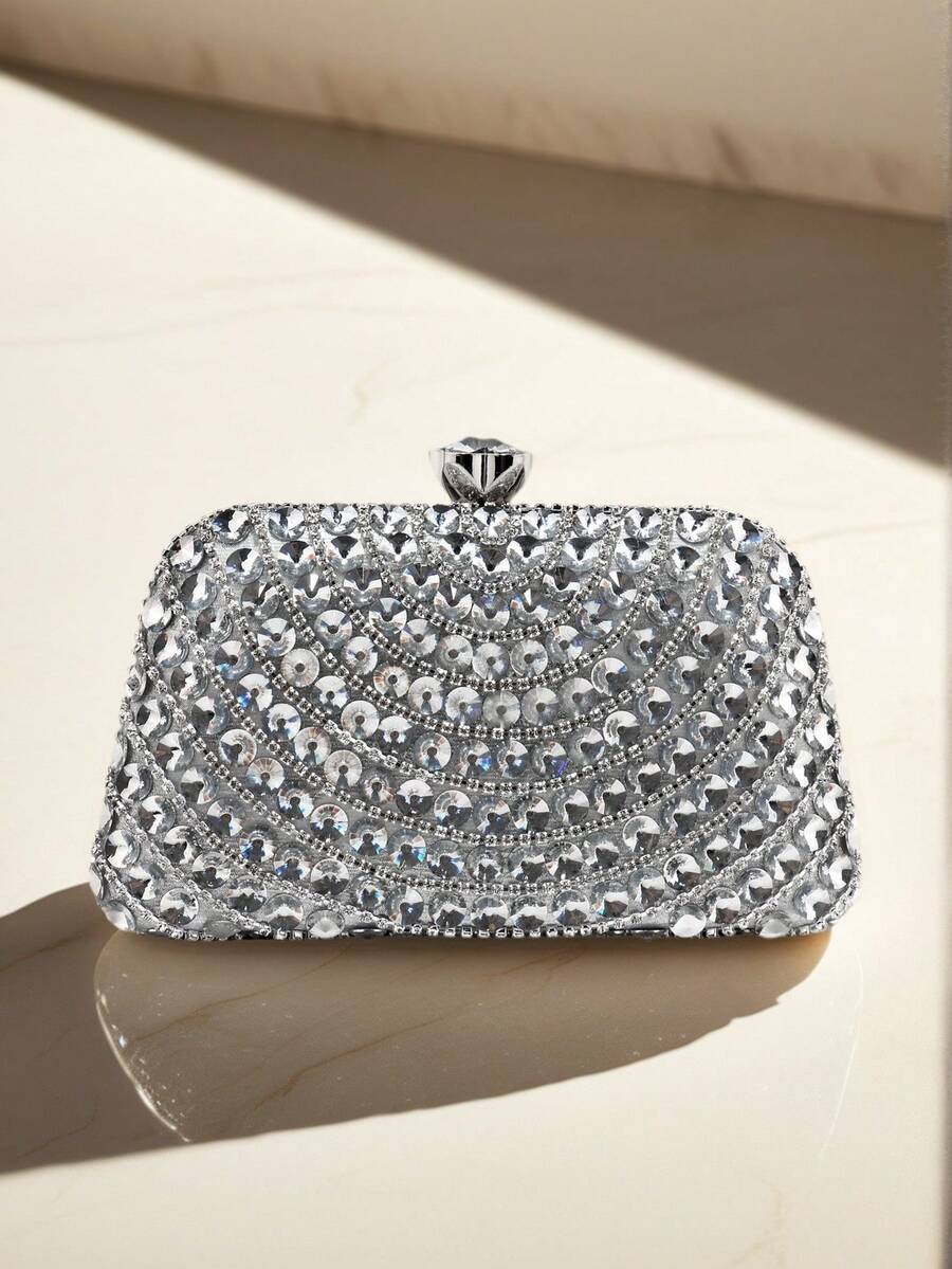 Women's Evening Clutch Bag With Crystal Stones, Suitable For Weddings, Parties, Galas, Birthday Gifts, Fits Smartphone And Cosmetics, Large Capacity - Silver - View 1