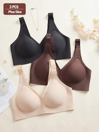 3PCS Plus Size Lady's Comfortable Multicolour Casual Seamless Sports Yoga Sleep Thin Bra, Anti-Sagging & Push Up Wireless Soft Cup Solid Bralette Lingerie Underwear Bra
