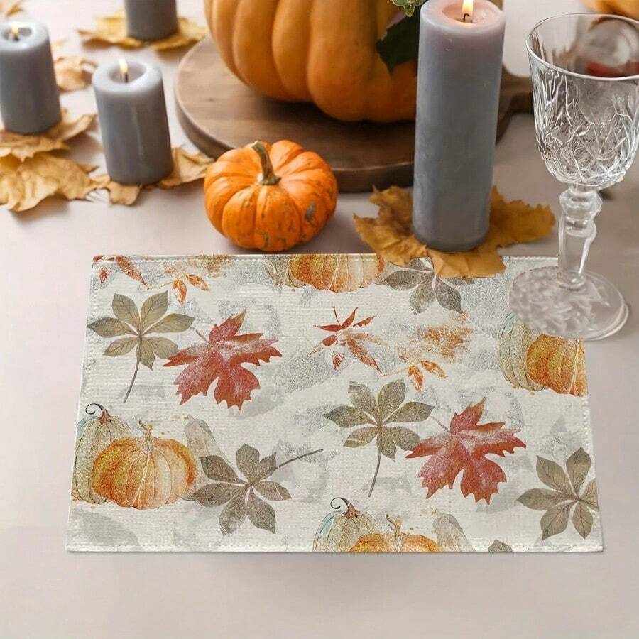 1/2/4/6 Pieces Of Autumn Polyester Placemats - Maple Leaf And Pumpkin Pattern Watercolor Design, 30x45 Cm, Machine Washable Table Mat, Suitable For Thanksgiving, Autumn Kitchen And Dining Decoration, Rural Seasonal Tableware, Autumn Table Decoration, Thanksgiving Plate Arrangement, High-Quality Fabric, Home Entertainment Decoration. - Multicolor - View 1