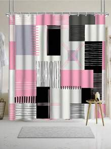 1/4pcs Pink Square Pattern Shower Curtain Set, 70.87x70.87inch Shower Curtain With Floor Mat, U-Shaped Mat, Toilet Seat Mat, With 12 Hooks Bathroom Decor