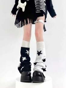 1双Y2K五角星腿套，不对称猫星腿套，洛丽塔加厚针织腿套/秋冬季过膝长筒腿套，舒适保暖