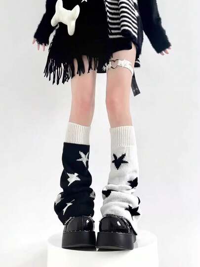 1双Y2K五角星腿套，不对称猫星腿套，洛丽塔风格加厚针织腿套，及膝长筒腿套，适合秋冬季节，舒适保暖