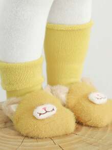1 Pair 0-3 Years Old Cute Cartoon Printed Mid-Calf Socks, Soft Warm Comfortable Anti-Slip Sole Socks, Suitable For Beginner Walkers, Autumn/Winter