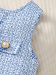 女宝宝圆领喇叭袖罗纹白色T恤+圆领无袖露背蝴蝶结刺绣珍珠纽扣蓝色连衣裙两件套 - 彩色 - 查看 9