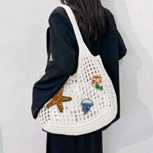 Starfish Pattern Hollow-Out Solid Color Large Capacity Tote Bag, Adorable Marine Life Mermaid, Seashell, Jellyfish Pattern Sequin Embroidery Sequins Decoration Summer Beach Bag, Mesh Multi-Functional Commuter Bag, Crochet Hobo Bag, Y2K Shoulder Bag, Gift For Women, Suitable For Leisure, Vacation, Beach